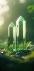 Green crystals on mossy ground, natural sunlight, serene atmosphere.