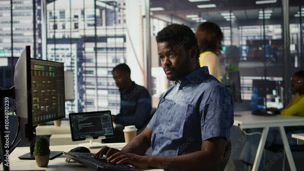 Aufkleber man checking paperwork details on computer screen, solving tasks. african american bookkeeper in off