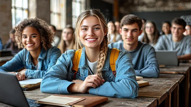 A group of students sits attentively in a well-lit classroom, smiling and focused as they engage with their studies alongside peers and technology.