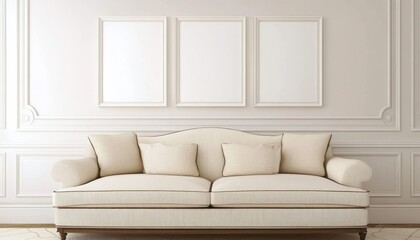 Three blank white picture frames hanging on the wall of an elegant living room with a beige sofa, modern interior design