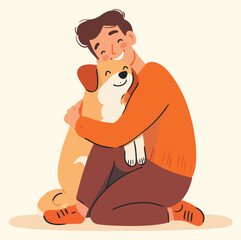 A man hugging his pet dog illustration