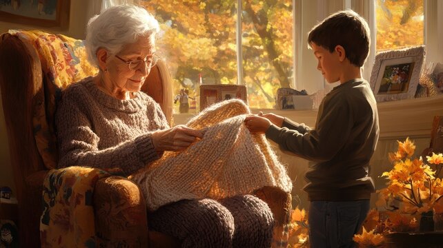 A grandmother teaches her grandson to knit while surrounded by autumn leaves in a cozy living room