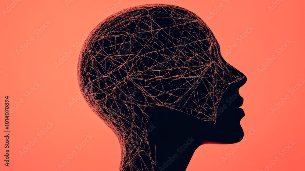 Poster Silhouette of a head with interconnected neural pathways on orange background