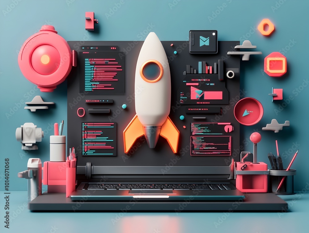 Poster cutting edge 3d visualized startup workspace with glossy laptop dynamic rocket symbol complex progra