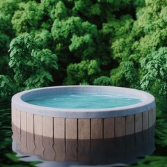 Fototapeta premium Wooden hot tub surrounded by lush green nature