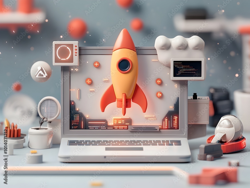 Poster cutting edge 3d visualized futuristic startup workspace with glossy laptop dynamic rocket symbol and