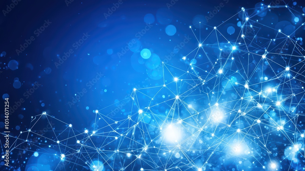 Poster abstract blue technology background with glowing connections and dots, creating a futuristic network