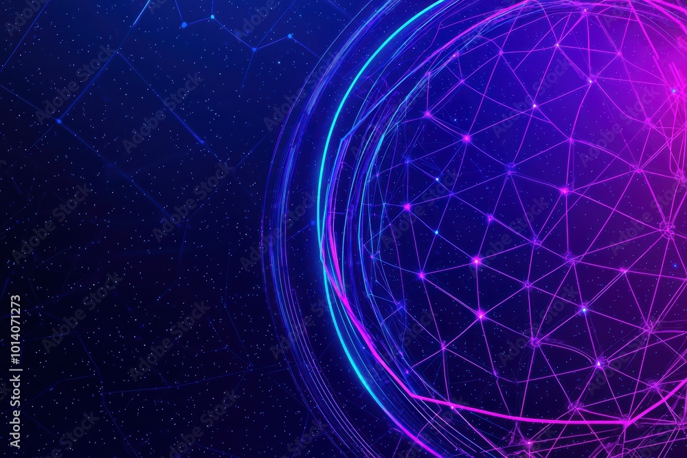 Poster abstract digital background featuring glowing geometric shapes and interconnected lines in vibrant p