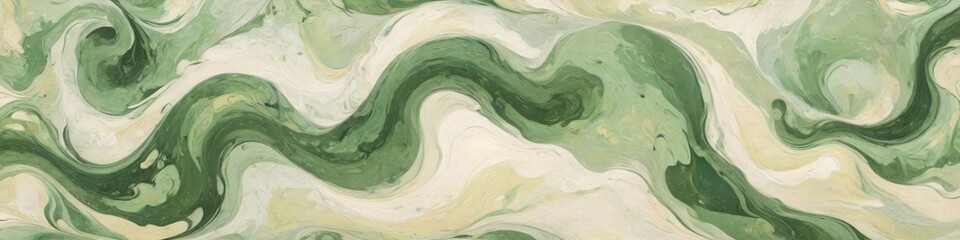 Obraz premium A graceful marbled paper design featuring soft green and cream tones, with gentle curves and lines that evoke a sense of natural harmony, Generative AI