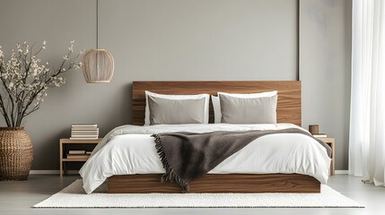 Stylish hotel bedroom interior with a bed, nightstand, and books
