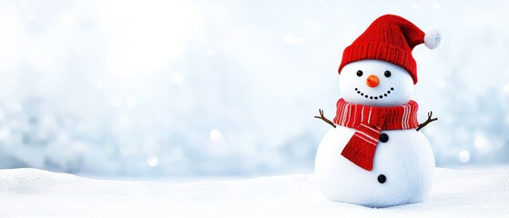 Fototapeta premium Cheerful snowman with a red hat and scarf against a snowy background, symbolizing winter festivities.
