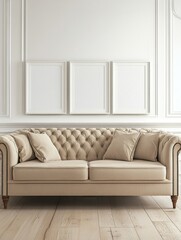 Fototapeta premium Three blank white picture frames hanging on the wall of an elegant living room with a beige sofa, modern interior design