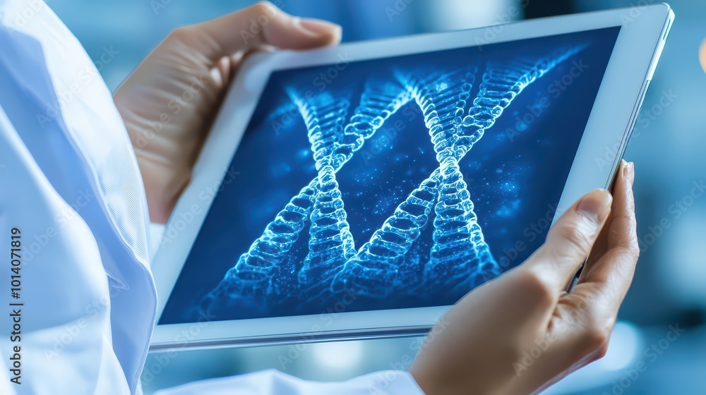 Poster close-up of hands holding a tablet displaying dna structure in a laboratory setting.