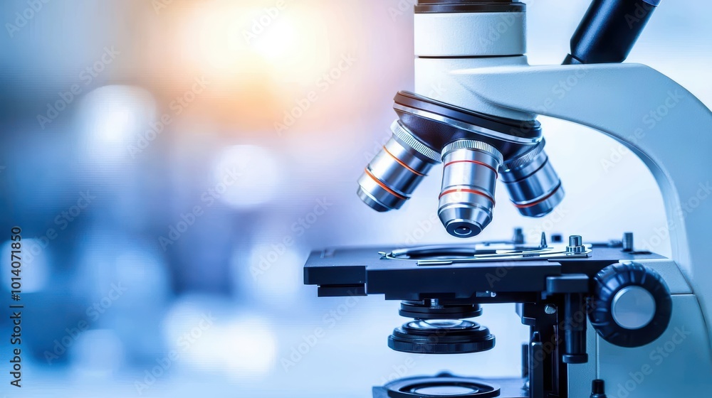 Poster close-up view of a microscope with illuminated stage on a soft blurred background.