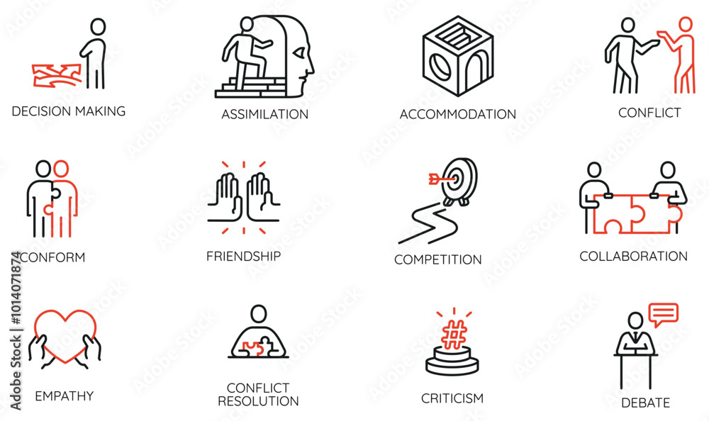 Poster vector set of linear icons related to type of communication and interaction between people. mono lin