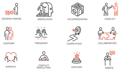 Fototapeta premium Vector set of linear icons related to type of Communication and Interaction between People. Mono line pictograms and infographics design elements