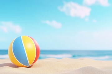 Colorful beach ball on sandy beach with ocean and clear sky in the background, perfect for summer activities.