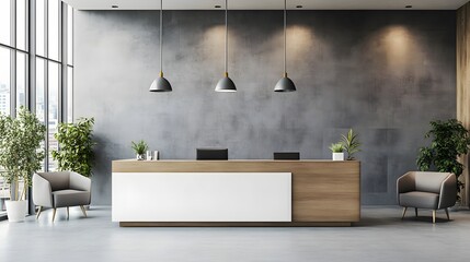 Stylish office interior with a reception desk and chill zone, complemented by a panoramic window