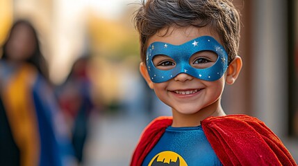 portrait of boy in superhero costume.