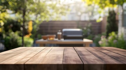 Summer backyard garden with BBQ grill and wooden table, capturing outdoor leisure and cooking