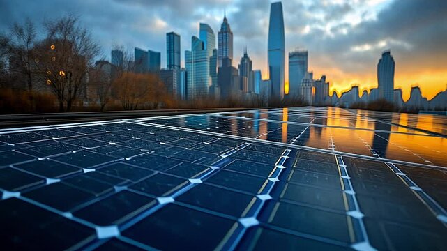 As the sun sets, vibrant colors illuminate the skyline, reflecting off solar panels in the foreground. A stunning blend of nature and urban life unfolds.