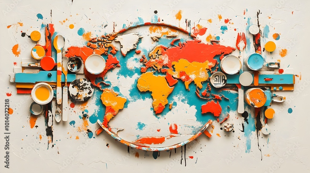Poster artful plate design resembling a globe map encircled by an assortment of dining utensils rendered in