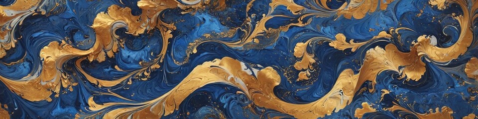 Obraz premium A classic marbled paper design in deep blues and golds, reflecting timeless elegance with intricate swirling patterns, Generative AI