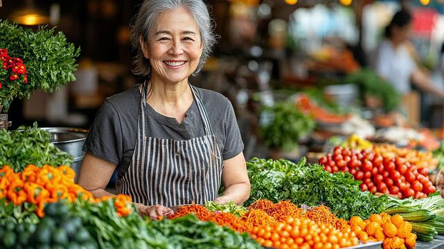 A cheerful vendor proudly showcases a colorful array of fresh vegetables and fruits, brightening the bustling market atmosphere in the afternoon light.