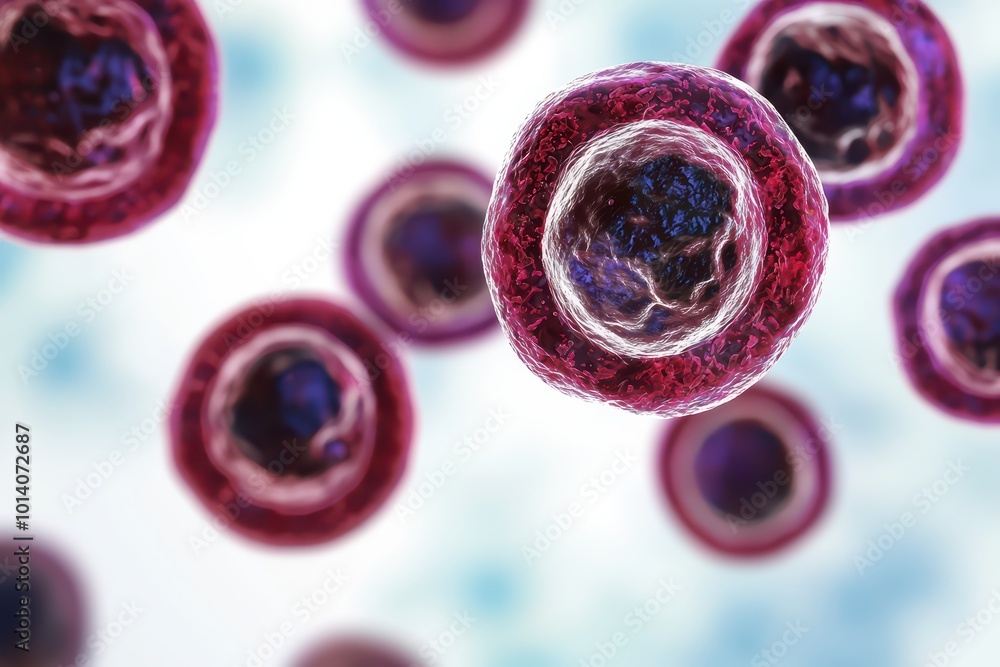 Poster detailed view of colorful cells floating in a biological environment.