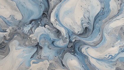 A delicate marbled paper composition with soft blues and greys swirling gently, creating a soothing and harmonious visual effect, Generative AI