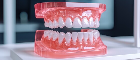 Dental model showcasing realistic teeth structure, displayed against a blurred background.