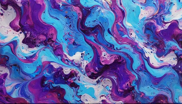 A colorful marbled paper artwork with bold purple and blue tones, creating an energetic and playful design that captures movement, Generative AI