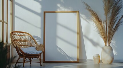 Soft lighting in a cozy living room with a rattan armchair, tall plant, decorative vase, and a blank frame on the white wall.