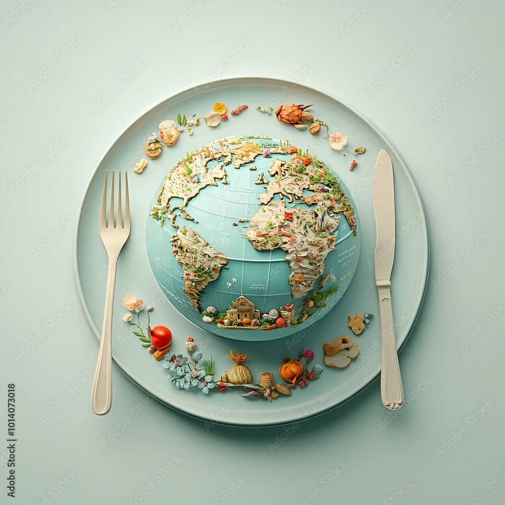 Poster of a detailed world globe placed on a plate accompanied by a fork and knife representing the concept