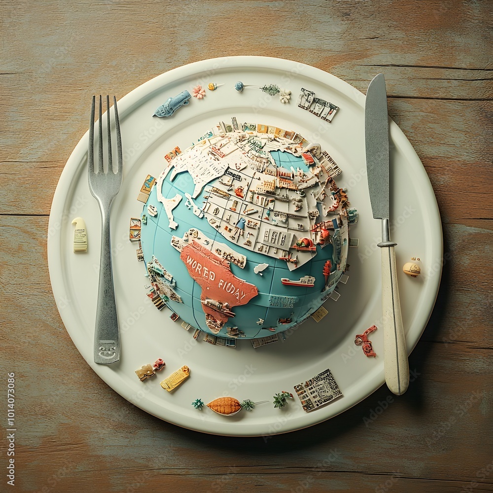 Poster A captivating display showcases an intricate 3D globe model placed on a plate  surrounded by a elegant silver fork and knife  all set against a rustic wooden table