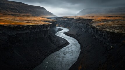 Dramatic River Canyon in Iceland  Aerial View