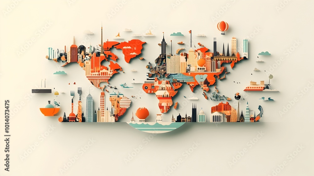 Poster visually striking world map plate with harmonious ensemble of distinctive dining implements rendered