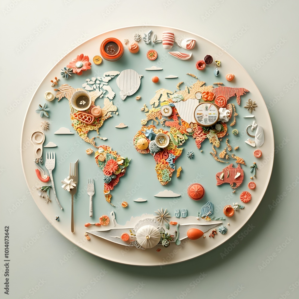 Poster a visually captivating still life plate showcasing a vibrant world map and an arrangement of dining 