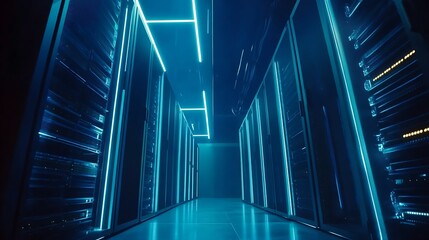 A long corridor of black server racks illuminated by blue neon lights.