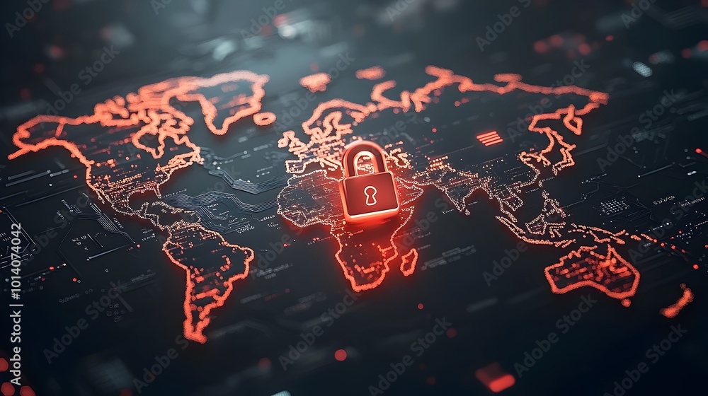 Poster padlock symbol overlay on a futuristic world map with intricate digital circuitry representing cyber
