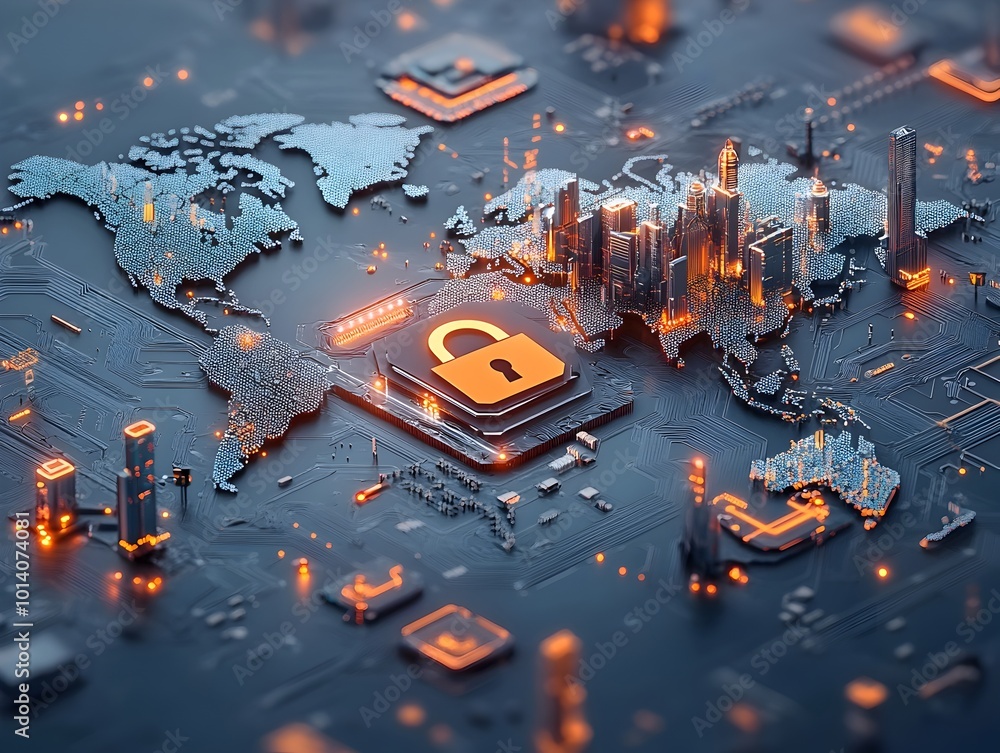 Poster secure global digital infrastructure with futuristic cybersecurity architecture padlock symbol circu