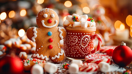 A delightful gingerbread man smiles next to a cozy mug of hot cocoa topped with fluffy marshmallows, surrounded by a variety of festive treats and decorations. Greeting card