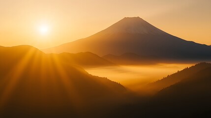 Sunrise over Mount Fuji, Japan with the sun rising behind one of its peaks