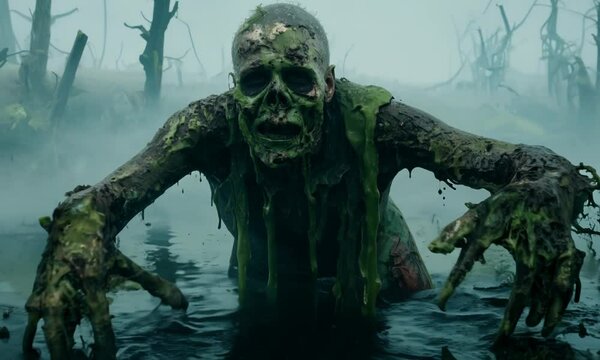 Large green monster is swimming in a murky body of water. The water is dark and murky, and the monster is surrounded by debris and plants. The scene is eerie and unsettling. hyperrealistic Video