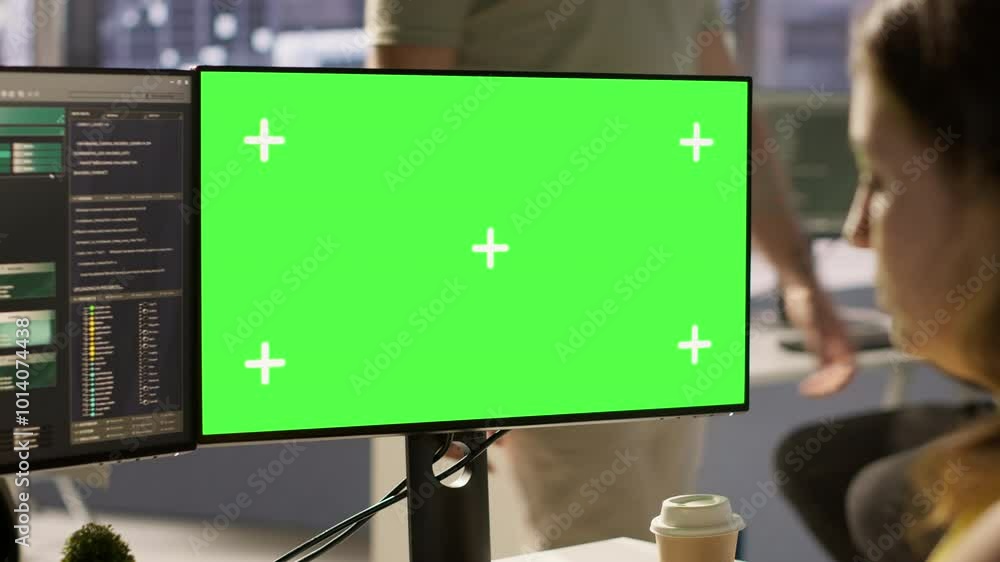 Fototapete Computer scientist working, doing software debugging using mockup PC, troubleshooting errors. Woman in office fixing coding issues using green screen computer, solving tasks, camera A