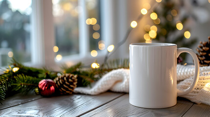 Christmas mockup white mug close up on light Christmas background with copy space