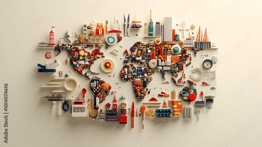 Poster visually striking plate featuring an artfully arranged world map and a harmonious ensemble of distin