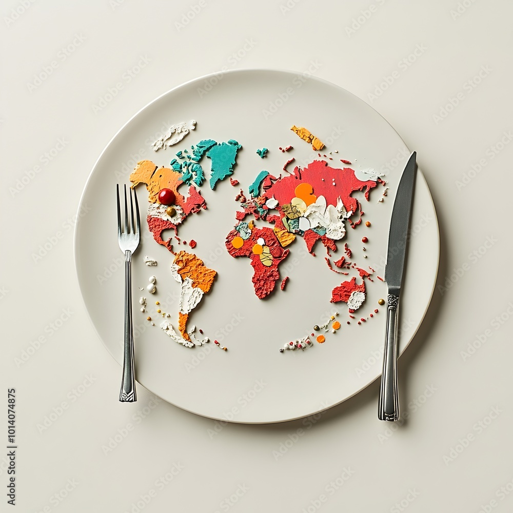Poster vibrant detailed world map image printed on a plate flanked by a gleaming silver fork and knife for 