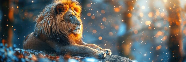 Majestic lion resting on rocky terrain during a serene winter sunset in a forest