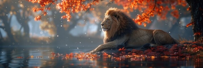 A lion resting peacefully by a tranquil river surrounded by vibrant autumn foliage